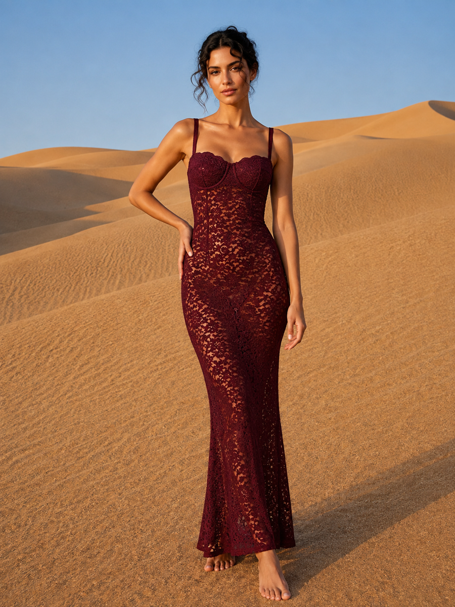 Robe dentelle transparente rouge