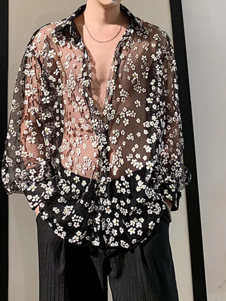 Chemise Homme Maille Transparente - Manches Longues - Décontracté Clubwear - Multicolore