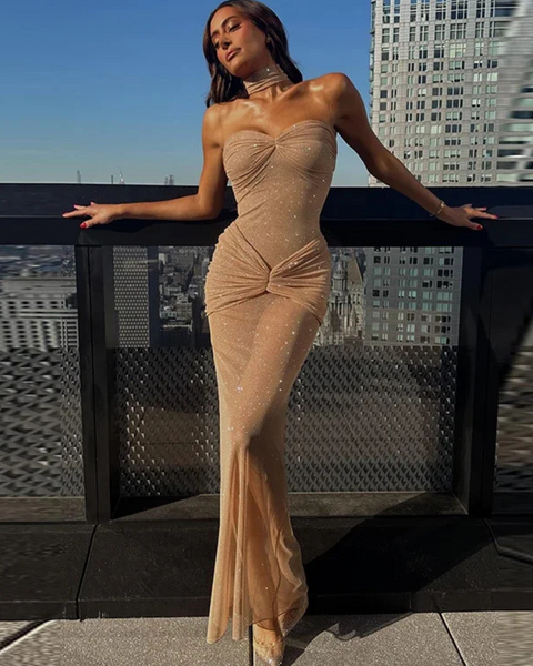 Robe de soirée transparente couleur beige