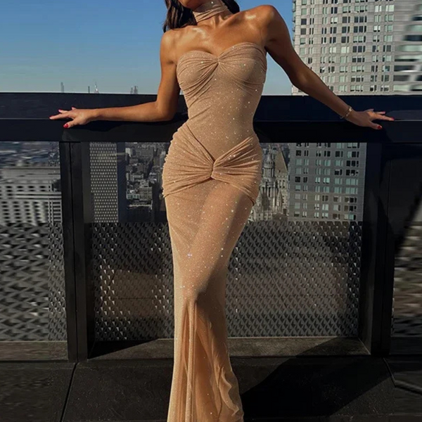 Robe de soirée transparente couleur beige